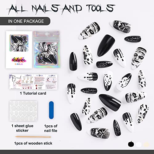 Artquee 24kom Halloween Press na noktima crno bijeli sjajni srednji badem lažni Nail Art Punk skull Designs lažni nokti akrilni Stiletto