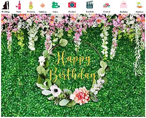 HVEST 7x5ft pozadina za Sretan rođendan zelena trava i ružičasta cvjetna pozadina za fotografije za dekoraciju zabave Baner rođendanski