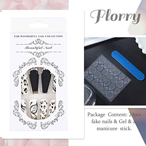 Florry Black Press na noktima dugi kovčeg lažni nokti leptir ekstra dugi nokti mat akrilni nokti za žene i djevojke 24kom