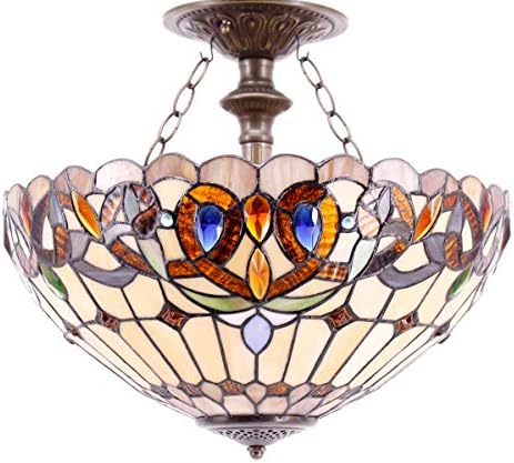 WERFACTORY Tiffany plafonska lampa Serenity Viktorijanska vitraža polu Flush lampa za montiranje široka 16 inča visina 15 inča Tiffany
