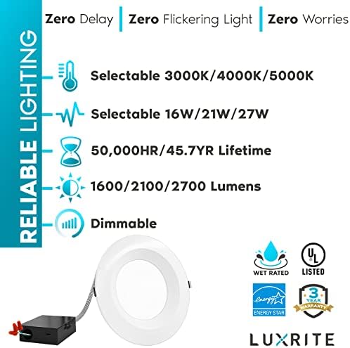 Luxrite 8-inčno Komercijalno LED ugradno svjetlo sa J-kutijom, 16/21/27W, 3 boje koje se mogu izabrati 3000K-5000K, 1600/2100/2700