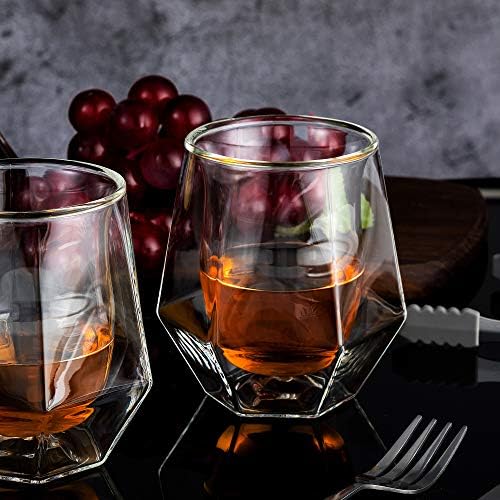 YouYah Whisky naočare Set 2 - dvostruki zid Kristal Whisky čaše sa 4 nerđajućeg čelika Ice Cubes & Tong,kamenje staklo,pokloni za
