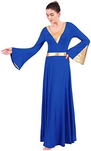Ženska metalik boja blok liturgijskog pohvale lirski plesni haljina zvona s dugim rukavima Crkva Dancewear Bown Bowship kostim