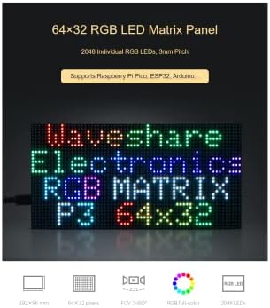 WAVESHARE RGB Full-Color LED matrični ekran zaslona 64 × 32 piksela 3mm Cit LED modul kompatibilan sa Raspberry PI Pico, ESP32, Arduino,