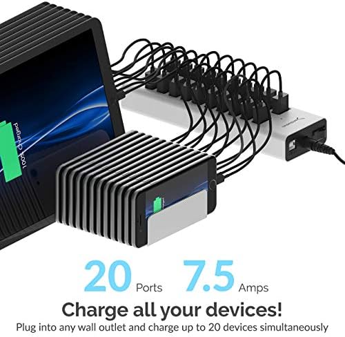 Sabrent 90W 20-port USB 2.0 brz punjač, ​​12V napajanje uključeno + 22WG Premium 6ft USB-C do USB A 2.0 sinkronizacijskih kablova