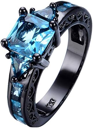 Ploy Pailin Princess Cut Square Black Gold Aquamarine Band Ring Wedding Men Women Size 5-11