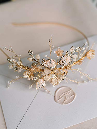 SWEETV cvijet-list Svadbeni traka za glavu Gold Crystal Tiara za žene biser vjenčanje Headpieces za bride hair Accessories za matursku