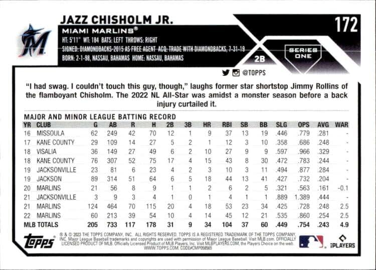 2023 TOPPS # 172 Jazz Chisholm Jr. NM-MT Marlins