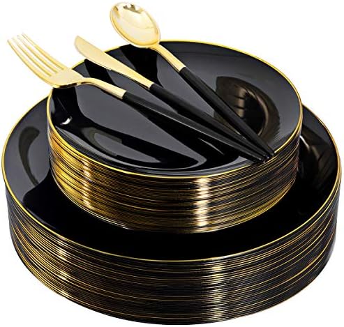 Supernal 350kom crni plastični set posuđa,crni plastični tanjiri sa zlatnim obodom, crni i Zlatni plastični tanjiri,Zlatni plastični