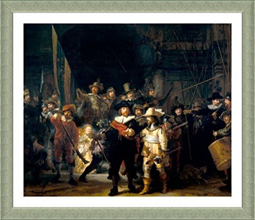 Alonline Art - noćni sat od Rembrandt | Srebrna uokvirena slika tiskana na pamučnom platnu, pričvršćenu na ploču od pjene | Spremni