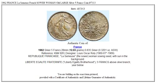 1962 FR 1962 Francuska LA Semeuse French Sower Woman Stari Lar 5 Francs Good Necertifikovan