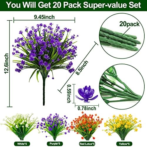20 pakera umjetno cvijeće za ukrašavanje na otvorenom, proljeće ljetno ukrašavanje UV otporno na umjetnosti umjetnosti vanjski plastični