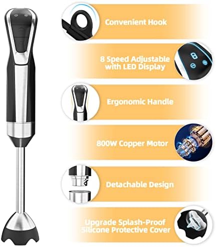 Immersion Blender 800W, 5 u 1 ručni Blender za uranjanje,LED displej 8 Brzina, oštrice od nerđajućeg čelika, sa pjenjačom, čaša od