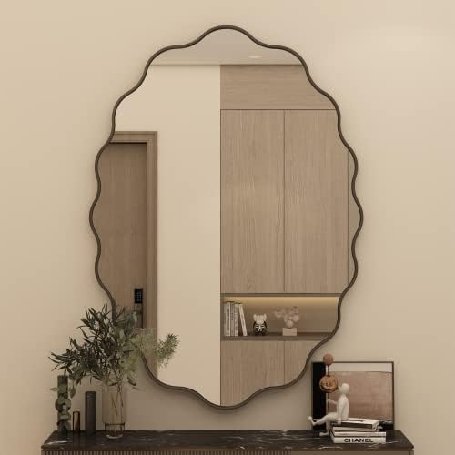 CHARMOR 22x30 nepravilno zidno ogledalo, mat crno ovalno valovito uokvireno ogledalo za kupaonicu, moderno crno toaletno ogledalo,