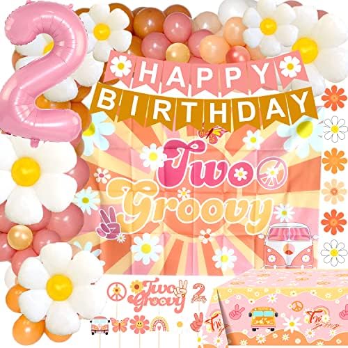 Tsoifu 120kom dva Groovy Party dekoracije za djevojku 2. rođendan Daisy Party Dekoracije Daisy pozadina stolnjak i balon Garland Kit