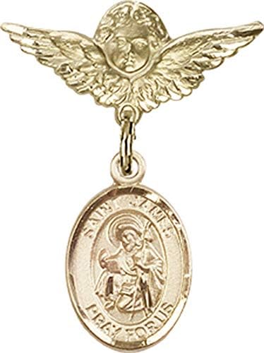 Jewels Obsession Baby Badge with St. James the Greater Charm i Angel with Wings Badge Pin | 14k Gold Baby Badge with St. James the