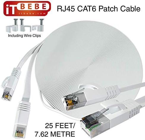 Itbebe Cat6 Ethernet kabel 25 Ft, bijeli - ravni internet kabel sa 3 mikrona pozlaćeni RJ45 konektori i isječci otporne na snagu -