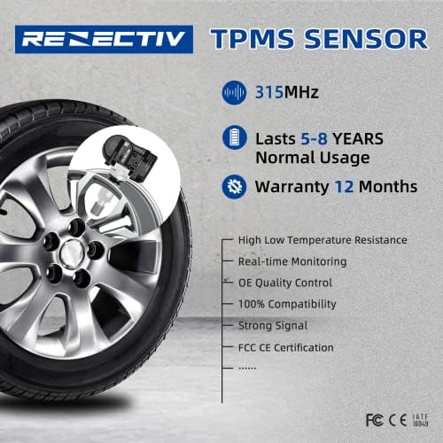 Renectiv TPMS zamjena senzora za Chrysler Dodge Jeep RAM-a, 315MHz Sustav za nadgledanje tlaka guma za OE 56053030AC, 56029479AB,