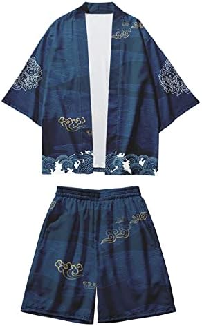 Muške 2 komadne ležerne odjeće Muški urbani slobodno vrijeme opušteno antikni digitalni tisak Kimono Cassock Cardigan majica