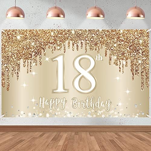 Happy 18th Birthday Banner backdrop dekoracije za djevojčice, Gold White Sweet 18 rođendan znak potrepštine, osamnaest godina rođendan
