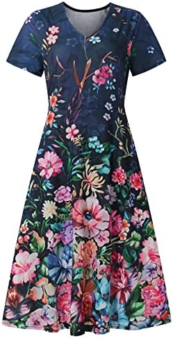 Nokmopo slatke haljine za žene kratki rukav ljetni casual modni cvjetni ispis kratkih rukava V-izrez ljuljačka haljina