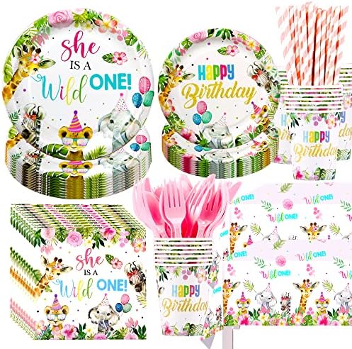 NAIWOXI Wild One Birthday Decorations for Girl Tabela-Jungle Safari Birthday Decorations, Include Plate, salveta, stolnjak, slamke,