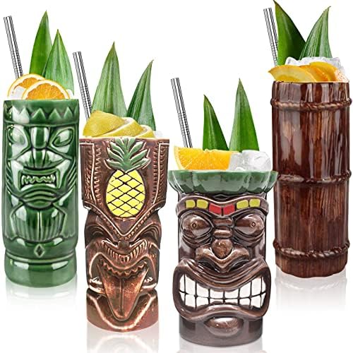 Tiki šolje koktel Set od 4 velike čaše keramičke havajske Luau šolje za zabavu za piće, slatke egzotične naočare za koktel