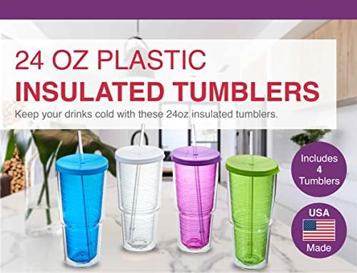 Arrow 24 oz Plastična čaša sa dvostrukim zidom sa slamkom i poklopcem, 4 pakovanja - proizvedeno u SAD - u, BPA besplatno - idealne