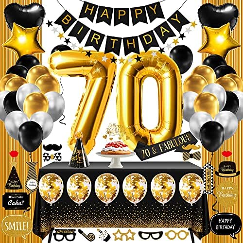 70. rođendan ukrasi za žene ili muškarce Crno-zlato, 70 rođendanske zabave pruža poklone za nju, uključujući balone za sretan rođendan, obrubne zavjese, stolnjak, balone za fotografije, balone za foto