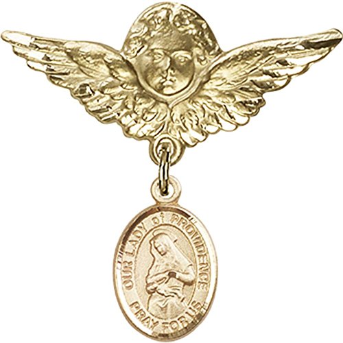 Zlatna bebina značka sa šarmom Gospe od Providencea i Anđeo sa krilima značka