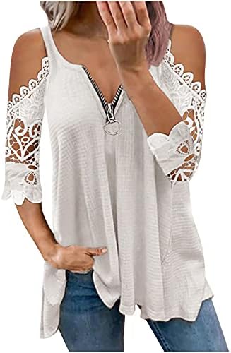 Shopeessa Žene s ramena Plus Veličina Zip Up Hollow Čipkaste majice 3/4 Bluze za žene Moda