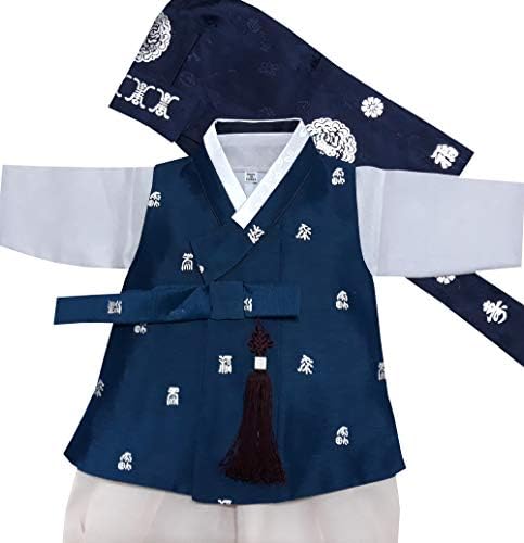 100-dnevna rođenja Koreja Baby Boy Hanbok Tradicionalna haljina odijela Slavna zabava mornarica sa srebrnim setom ispisa